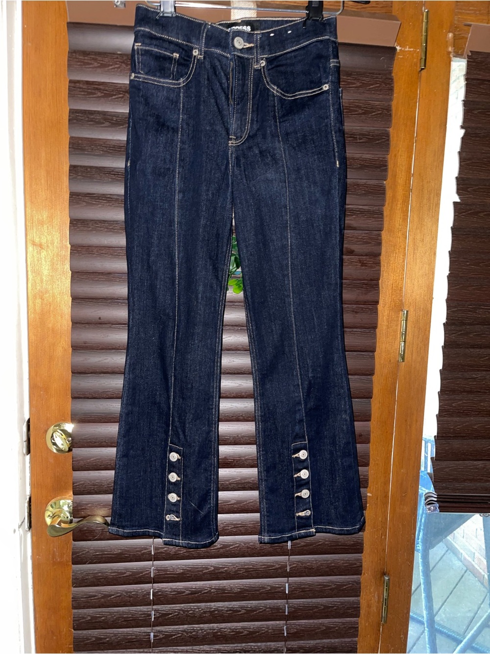 Express Dark Blue Flare Jeans with Button Hem